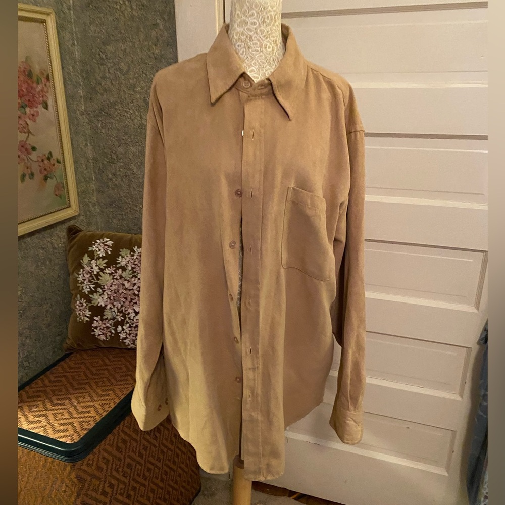 Vintage Oleg Cassini camel Tan faux suede Button-Up Shirtsz Large long sleeve